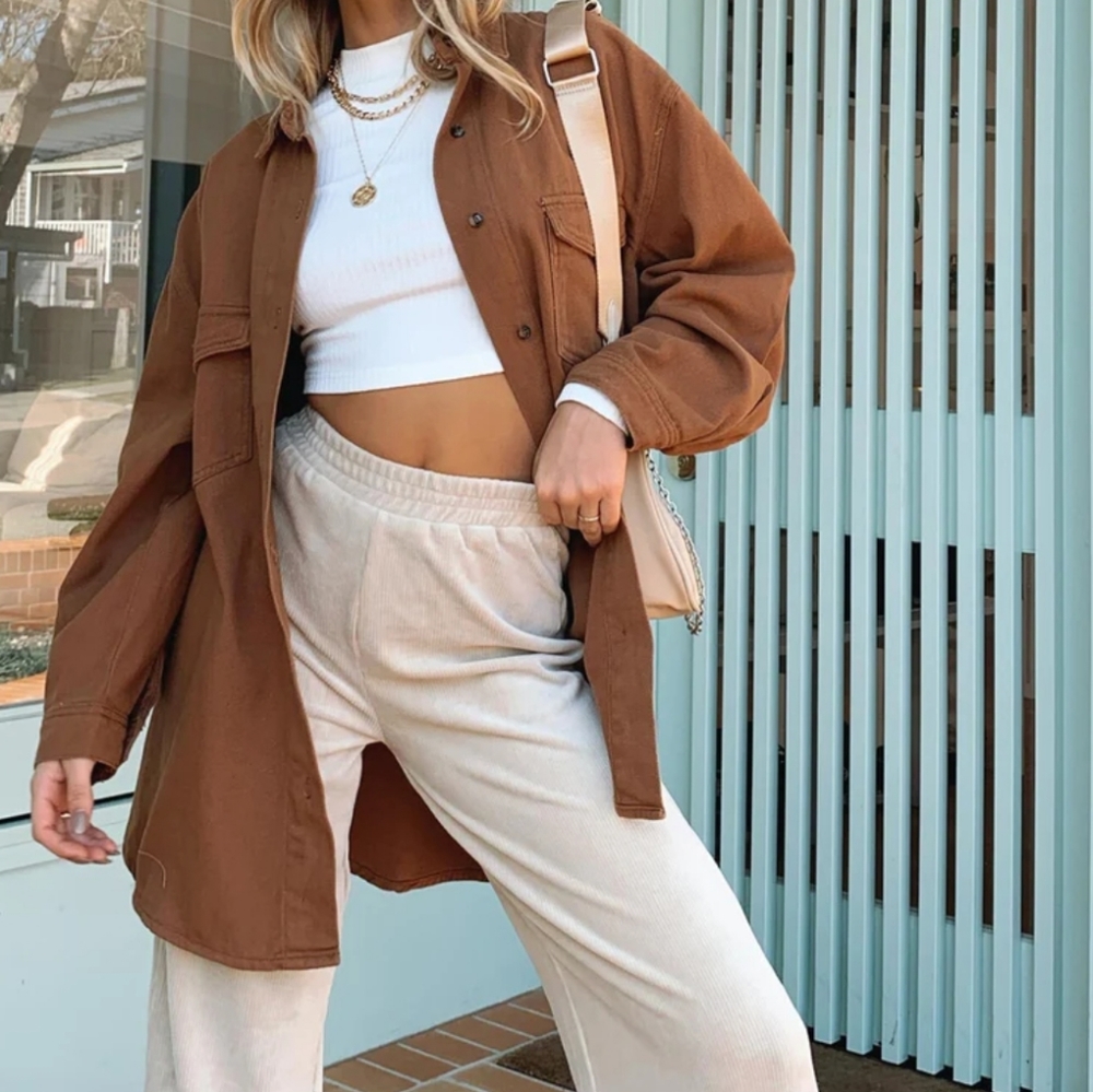 Princess Polly Brown Tan Neve Oversized Button‎ Down Pocket Cotton Top 2US